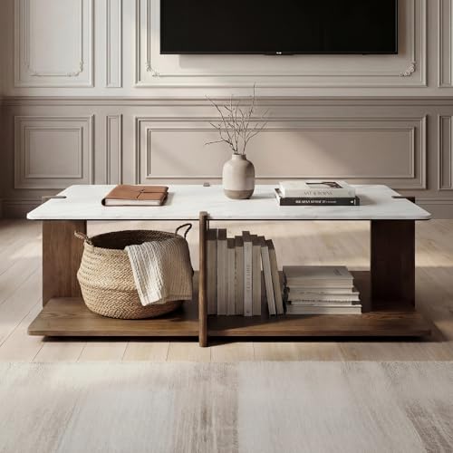 Image of HNY 50 inch Modern Open Frame Coffee Table with Storage, Solid Wood Center Table with Marble (Super Matte) Top, Hollow Visual Display Space for Home, Office, Living Room, Hotel Lobby,Waiting Area, Walnut