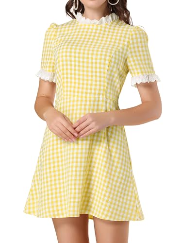 Allegra K Women Gingham Dress Summer Short Sleeve Crew Neck Lace Panel Plaid Mini Dresses Halloween Dorothy Costume Small Yellow