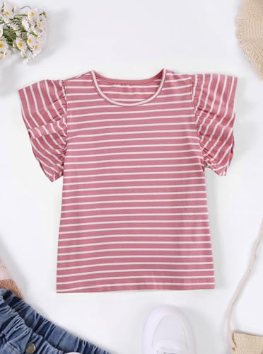 Image of Girls Striped Shirt Flutter Sleeve Top Crewneck Cute Summer T Shirts Casual Tees Pink Stripe 11-12Y