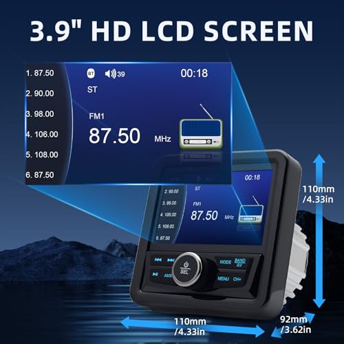 Marine Boat Stereo Gauge Receiver - Audio Systems, 3.9 Inch Video Playback, Wireless Connection, AM/FM, USB Port, AUX, No CD DVD Player Radio Receiver, MP5 Player Radio Receiver