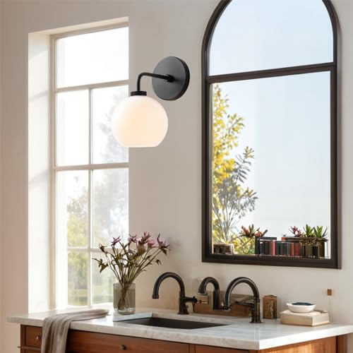 Image of Modern Glass Globe Single Sconce, Matte Black Metal Finish Wall Light for Bedroom, Hand-Polished Milky Glass Shade Vanity Light Beside Mirror, Elegant Light Fixtures for Indoor