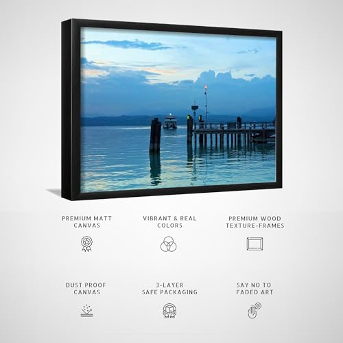 Image of ARTCREST Lake Garda Pier Painting Canvas Wall Art | Black Framed Scenic Lake Landscape Painting for Living Room, Bedroom or Office Walls | Large Decorative Canvas Wall Decor (16x20 Inches)
