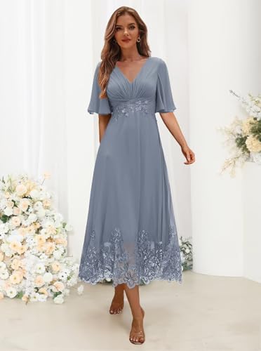 RSOETOO Tea Length Mother of The Bride Dresses for Women Lace Beaded Formal Evening Mother Groom Dress with Sleeves RO3483