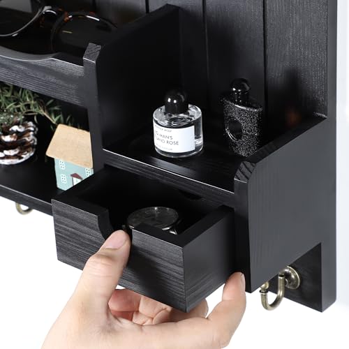 DOPACE-Handcrafted-Pine-Wood-Mail-Organizer-Key-Holder-Black-Hand-polished-natural-pine-wood-with-storage-drawer-6-hooks-Fine-spray-paint-finish-Easy-wall-mount
