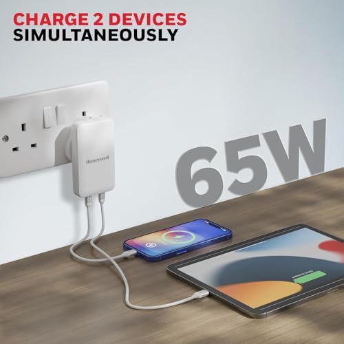 Image of Honeywell Zest Ultra-Thin GaN 65W Dual Type-C PD 3.0 Wall Charger with PPS Support, Ultra-Fast Charging, Compatible with iPhone, iPad Pro, Pixel, Galaxy, OnePlus, Tablets & Smartwatches