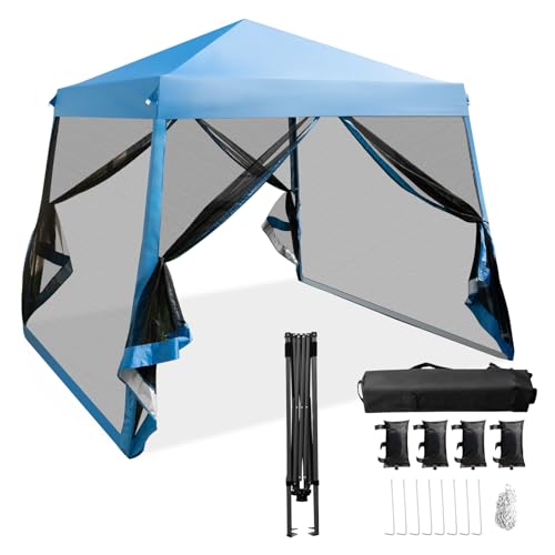 HOMASIS 3 x 3 mTonnelle Pop-up réglable en Hauteur avec moustiquaires, 4 Sacs de Sable,Sac de Transport sur roulettes, UPF 50+, Tente de réception Pliable pour Jardin, terrasse (Bleu)