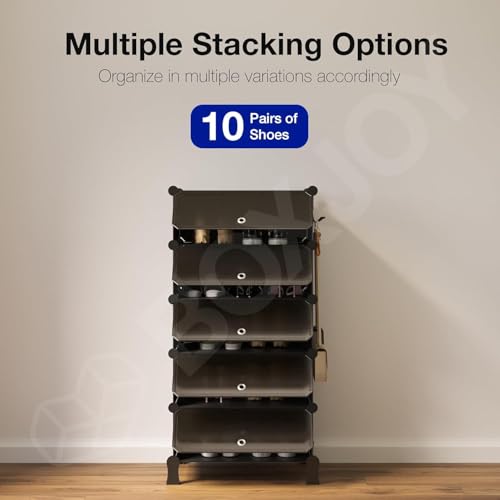 Image of 5 Shelf Shoe Rack with 5 Doors, Magnets, 5 Hook Steel Holder & Wooden Hammer for Home Storage PP Plastic Organizer with Metal Door Frame to Cover Chappal Slipper Sandals Shoes Box Stand (Black)
