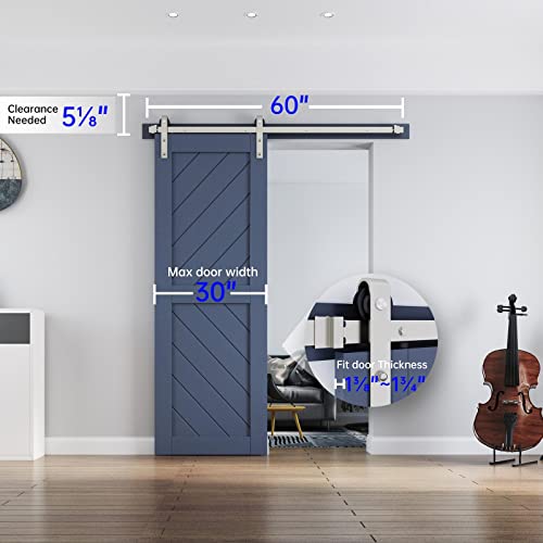 Easelife 5 Ft Brushed Nickel Sliding Barn Door Hardware Track Kit,Basic J Pulley,Heavy Duty,Slide Smoothly Quietly,Easy Install (5Ft Track Kit For 26"~30" Wide Single Door) #TOP5