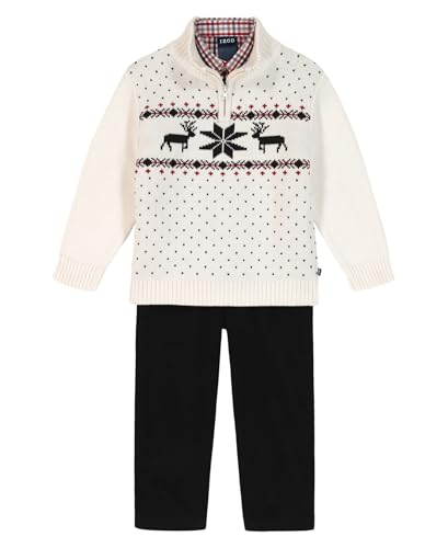 Izod Boys 3-Piece Sweater Dress Shirt and Pants Set Ivory Reindeer Fairisle 6