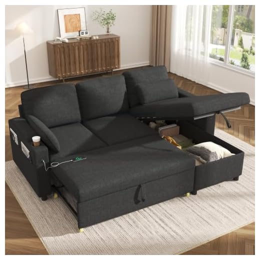 DURASPACE Sofa Bed Sleeper Pull Out 2 in 1 Sectional Sleeper Sofa Couches with Storage,USB, Cup Holder,Pullout Sectional Couches for Apartment Living Room (Dark Gray)