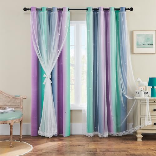 Image of XiDi Purple Grey Green 90 Inches Blackout Curtains for Girls Bedroom 2 Panels Set, Rainbow Curtains for Kids Room Decor, Unicorn Wall Decals Grommet Drapes for Little Girl Nursery Room 34 Inches Wide