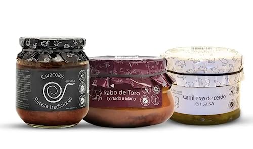 Ochsenschwanz 640 g (1) + Schweinebacken in Weißwein 440 g (1) + Schnecken in Soße 550 g (1). Familiäres, hausgemachtes und handwerkliches Rezept. Gourmet-Konfitüren. 100% Spanien.