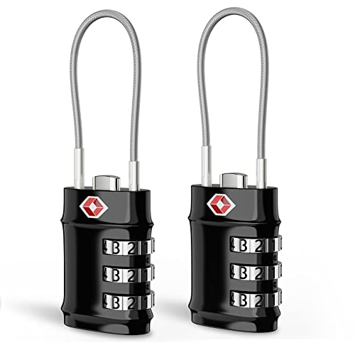 Brifit TSA Gepäckschlösser 2 Stück, TSA Zahlenschloss 3 Stellig, Kofferschlösser, Schloss Zahlencode mit Stahlseil, Vorhängeschloss für Koffer, Gepäck, Rucksäcke, Reise, Spind (Schwarz) Cover