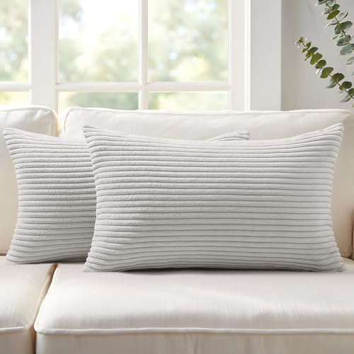 Image of Mecatny Corduroy Decorative Throw Pillow Covers 12x20 Set of 2 for Sofa Living Room, Soft Neutral Boho Couch Pillow Covers for Home Decor, Grey