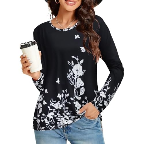 Long Sleeve Shirts for Women Basic Crew Neck Fall Tops Casual Fit T Shirts, Black Border Floral, S