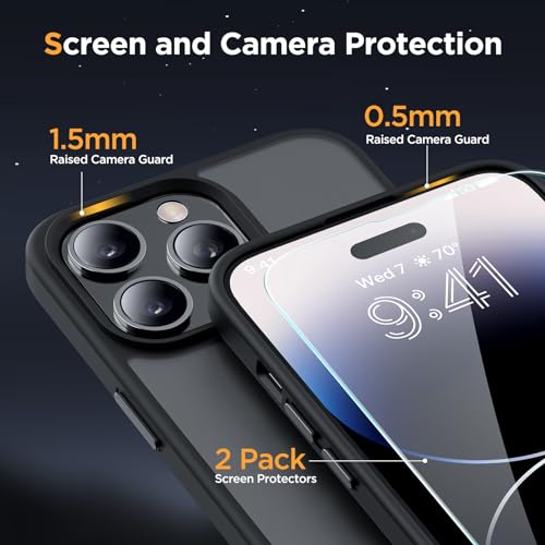 Image of Miracase Magnetic for iPhone 14 Pro Max Case 6.7 inch (Compatible with MagSafe)(with 2X Screen Protectors) Military-Grade Protection, Anti-Fingerprint Translucent Matte Phone Case Cover, Black