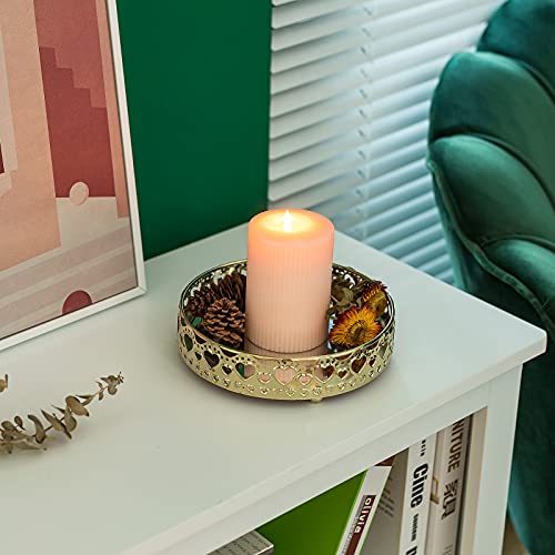 Decorative Vanity Tray Candle Holder - Gold Round Display Plate, Mirror Tray Perfume Organizer Bathroom Organizer Countertop Home Decor Accessories For Dining Table Centerpiece, 7Inch #TOP4