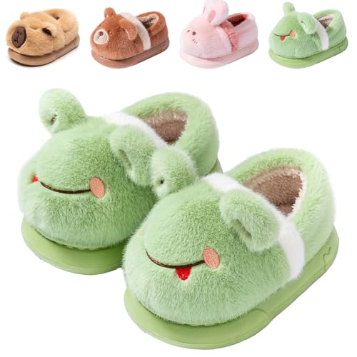 DRECAGE Zapatillas de Casa Niño Niña Invierno, Pantuflas de Peluche y Diseño de Animales Calientes Suave y Antideslizantes 316 Verde Rana 230 34 EU