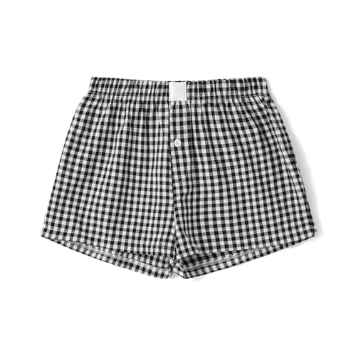 Image of Women Pajamas Shorts Micro Boxer Shorts Y2K Cute Gingham Sleep Lounge Shorts Checkered Plaid Button Pj Mini Shorts