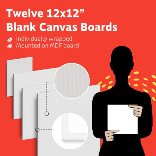 Artlicious Canvases for Painting - Pack of 12, 12 x 12 Inch Blank White Canvas Boards - 100% Cotton Art Panels for Oil, Acrylic & Watercolor Paint