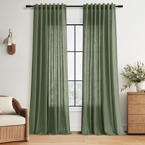 Image of Nanspring Forest Green Linen Curtains for Living Room 120 Inches Long Light Filtering Semi Sheer Curtain Back Tab Wabi Sabi Boho Decor Floor to Ceiling High Window for Bedroom Office 52x120, 2 Panels