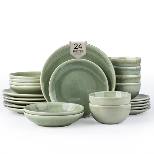 Image of GBHOME Dinnerware Sets For 6, 24Pcs Stoneware Plates and Double Bowls Sets, Dishwasher&Microwave Safe