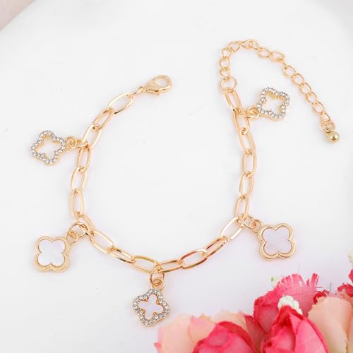 Gold Clover Charm Link Bracelet for Women Elegant Mother of Pearl Lucky Four Leaf Clover Bracelet Cute Hollow Rhinestone Clover Pendant Bracelet Adjustable Paperclip Chain Trendy Party Jewelry Gift4