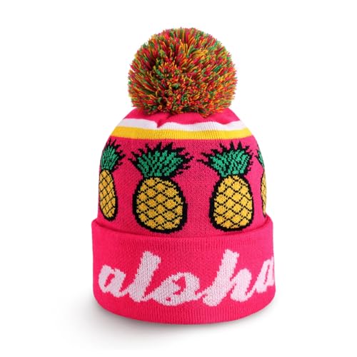 Skully Pom Pom Knit Hats Winter Warm Outdoor Fun Design Colorful Hats for Men and Women Recreational Novelty Beanie (Aloha (Fucshia)