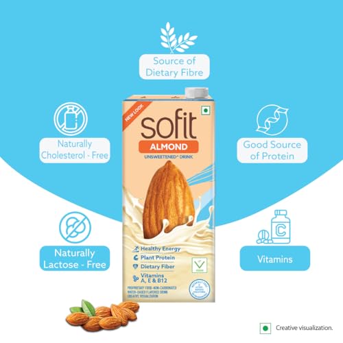 Image of Sofit Almond Drink Unsweetened, 180ml - Pack of 2 (2 x 180ml)| Vegan Drink |Enriched with Plant Protein, Dietary fibers, Vitamins and Calcium | Lactose Free | Gluten Free | Preservatives Free