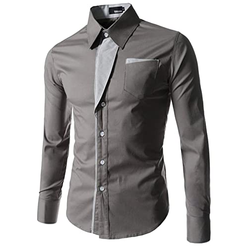 Mens Long Sleeve Stylish Dress Shirts Patchwork Casual Button Down Shirts Turn-Down Collar Shirt Top with Pockets (Grey,XX-Large)