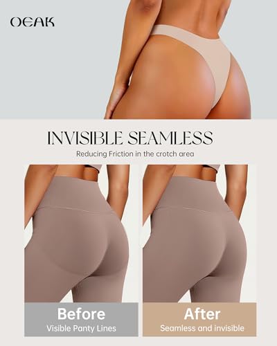 Image of OEAK Seamless Thongs for Women Invisible Thongs No Show Thong Panty Liners Tangas Comfortable Workout G-Strings Underwear Cream XXL