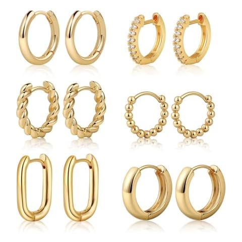 Tasiso Small Hoop Earrings for Women, 6 Pair 14K Gold Plated Lightweight Huggie Hoop Earrings Hypoallergenic Earring Set Earrings Pack for Women Trendy Jewelry Gifts Cover