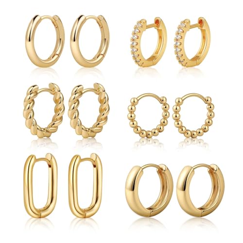 Tasiso Small Hoop Earrings for Women, 6 Pair 14K Gold Plated Huggie Hoop Earrings Lightweight Hypoallergenic Earring Set Cute Earrings Pack for Women Trendy Jewelry Gifts