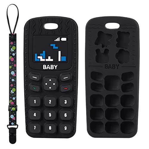 Aolso Baby Teether Toys, Silicone Baby Teething Toys Phone Shape with Pacifier Clip, Soft Teething Toys for Toddlers, BPA Free, Boys Girls Baby Chew Toys, Teethers for Babies 0-6 Months (Black)
