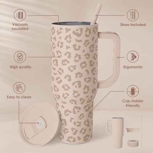 Image of SANDJEST Leopard Tumbler with Handle, Insulated Cup Stainless Steel Travel Mug Cup, Gifts for Women Girl on Birthday Christmas, Tan Leopard, 40oz