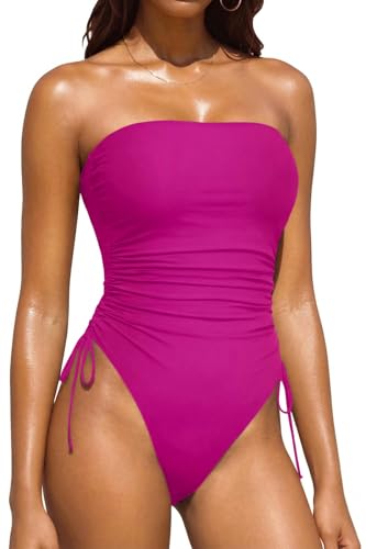 Image of Yonique Women Strapless One Piece Swimsuit Tummy Control Bandeau Bathing Suit Cheeky Swimwear