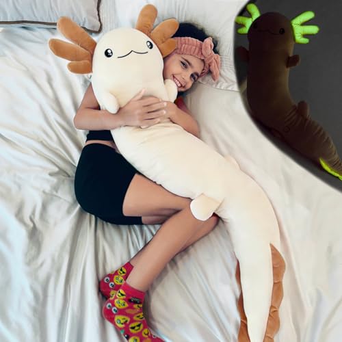 Tezituor 48 inch Giant Axolotl Stuffed Animal Plush Axolotl Body Pillow, Glow-in-Dark Toy for Kids Girls 6-12 Axolotl Lovers Women Gifts Mother's Day Valentines Halloween Christmas