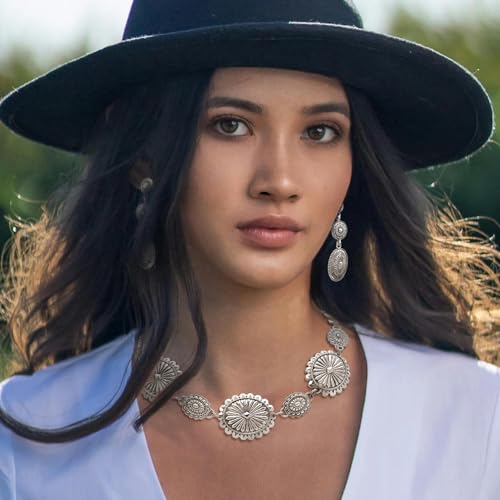2 Pcs Concho Western Necklace Earrings Jewelry Set for Women Vintage Cowgirl Dangle Earrings Boho Choker Necklaces Western Country Concert Outfits for Women Concho Jewelry Gift2