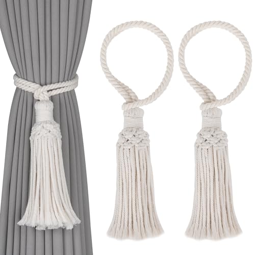 OCIOLI Paquete de alzapaños decorativos bohemios de algodón tejido a mano sin taladrar, con borlas y cuerda de cortina, estilo natural (2, beige)