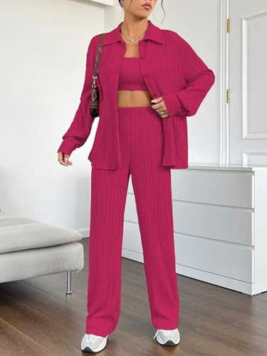 Image of Shasmi Women's 3-Piece Co-ord Set - Solid Button Front Shirt, Strapless Tube Top & Wide Leg Pants | Casual Loose Fit Western Outfit for Daily Spring /Fall Wear (Co-Ord-208)