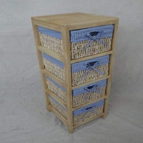 Hansen Korbwaren Holzregal mit 4 Maisstrohkörben mit blau-weiß kariertem Stoff, Regal aus Palowniaholz, Beige