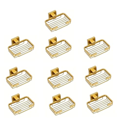 SEIDO Gold Soap Dish for Shower Wall, 304 Stainless Steel Bar Soap Holder for Bathroom, Lavatory, Kitchen, Hollowed-Out Drainage Soap Saver Tray, 10 Pack, 4.8" L x 3.2" W Internal, Brushed Gold