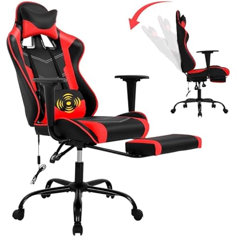 GINMAON Computer Swivel Gaming Chair Video Game Chair PU Leather Executive Chair High Back Gaming Office Chair with Lumbar Support, Adjustable Armrest Headrest Footrest for Boys,Girls,Red Cover