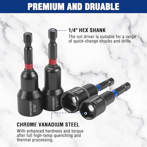Image of WORKPRO 27 PCS Magnetic Nut Driver Set, Impact Drill Driver Bit 1 /4 inch Hex Shank, SAE & Metric Cr-V Steel Power Nut Drivers with Quick-release Extensions, Impact Socket Adapters, Bit Holder and Toolbox