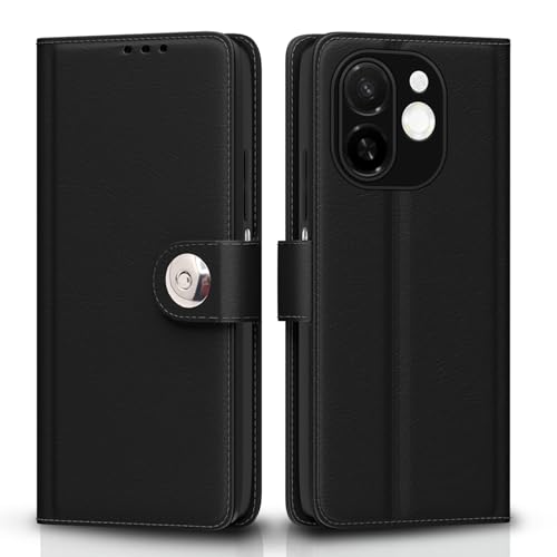 Image of Pikkme Flip Cover for Tecno Spark 30C 5G Leather Finish | Inside TPU with Card Pockets | Wallet Stand and Shock Proof | Complete Protection Button Flip Case(Black)