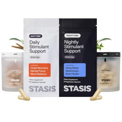 Stasis Day & Night Set Stimulant Support Supplement for Adults with Ashwagandha Magnesium Melatonin & L Theanine Daily Routine System for Energy and Sleep Support 50 Servings Complete Kit