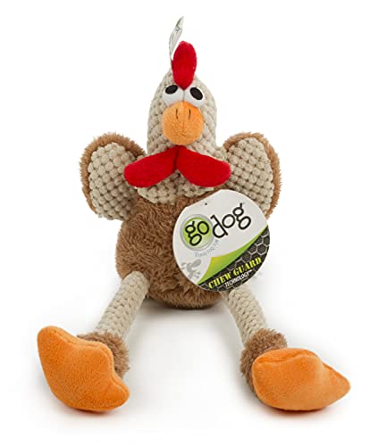 Image of goDog Checkers Skinny Rooster Squeaky Plush Dog Toy, Chew Guard Technology - Brown, Small