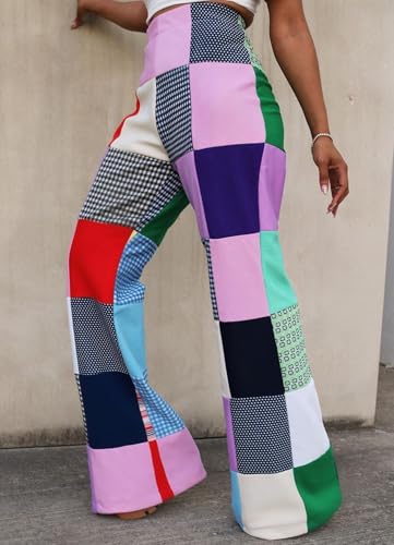 Womens Casual Patchwork Cargo Pants Elastic High Waist Stripe Plaid Gingham Straight Wide Leg Trousers with Pockets3