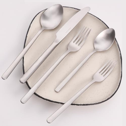 Image of KINGSTONE 30 Pieces Silverware Set, Flatware Cutlery Set for 6, 18 /10 Stainless Steel Silverware Utensils Minimalist Design Dishwasher Safe, Matte Silver