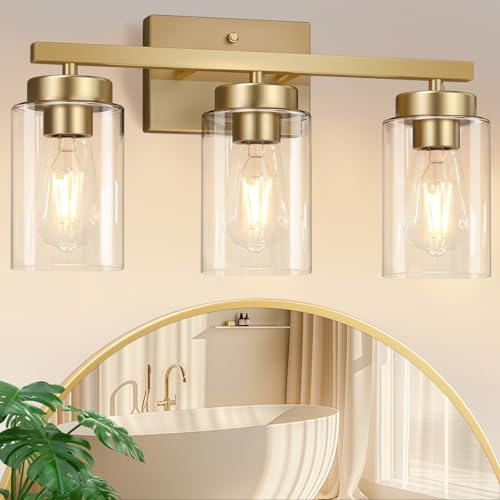 Image of IZORRO Bathroom Light Fixtures, Modern Vanity Lights, Bathroom Lighting Fixtures Over Mirror with Clear Glass Shade, Wall Sconce for Living Room Cabinet Bedroom (Brushed Gold, 3-Light)